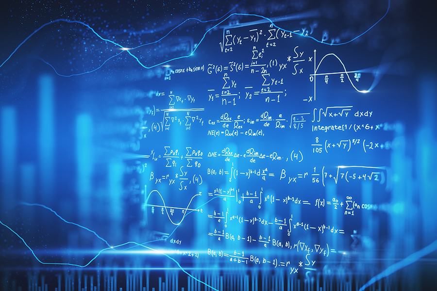 Decorate image depicts various equations and formulas written in white on a blue background.