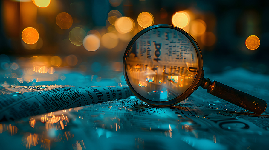 A magnifying glass rests on a newpaper with dapples of gold light filtering through it.