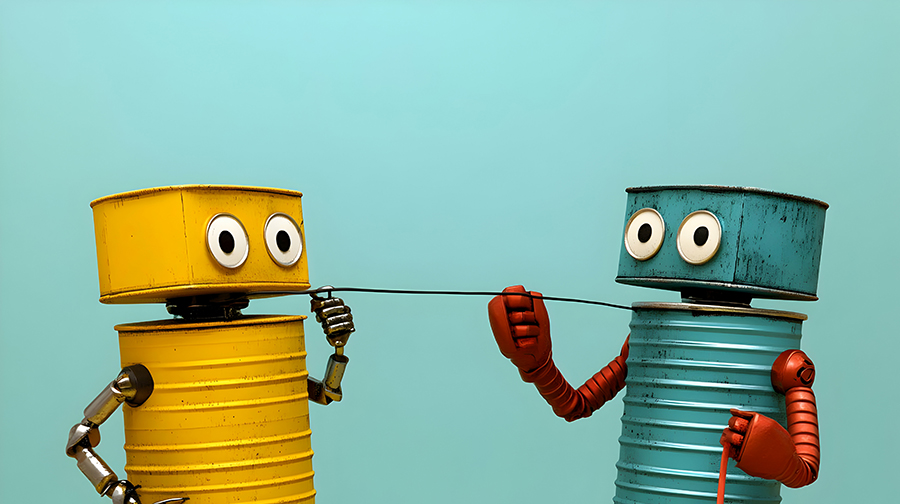 A yellow robot made from tin cans talks to a blue robot, also made from tin cans, using a string.