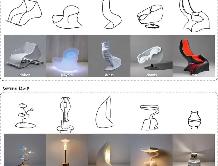 A series of images show how AI can transform a sketch of something like a chair or lamp into a prototype, refining that prototype as the sketch evolves.