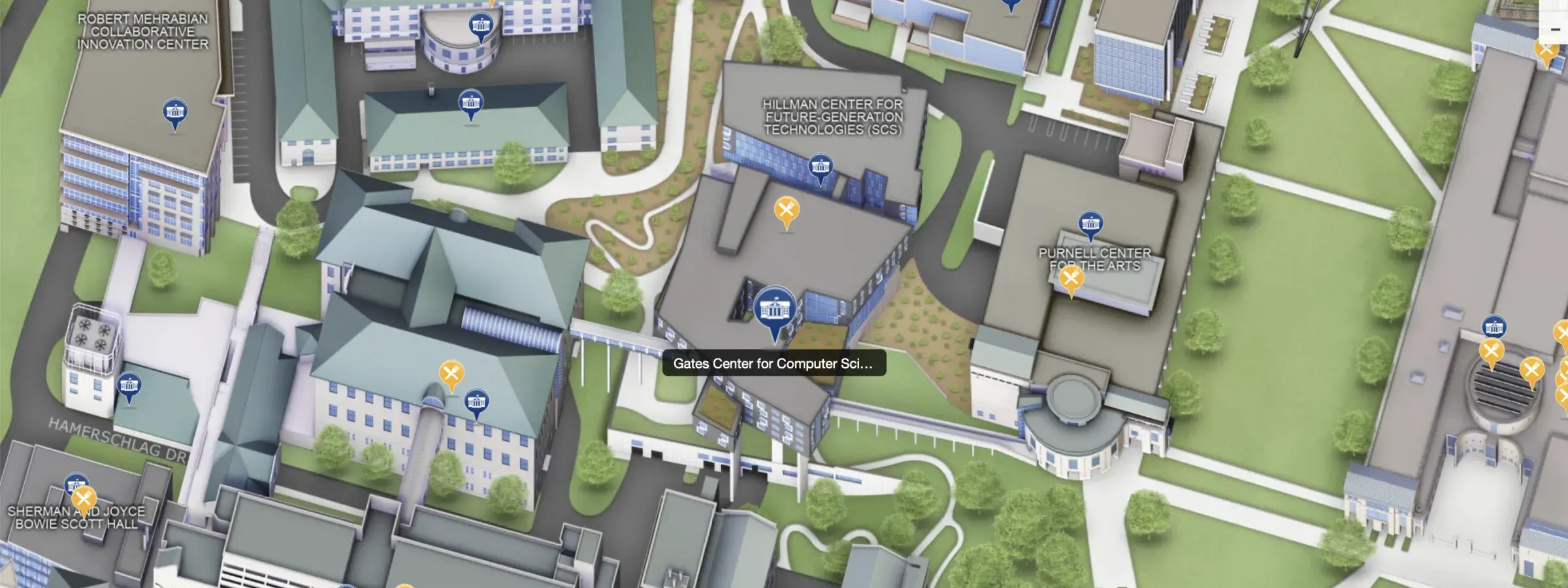 Bird's eye map view of Gates Center for Computer Science