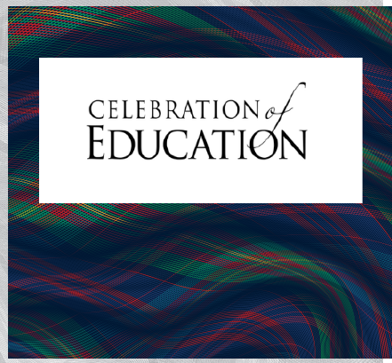 Text "Celebration of Education" on a stylized Carnegie Mellon University tartan background